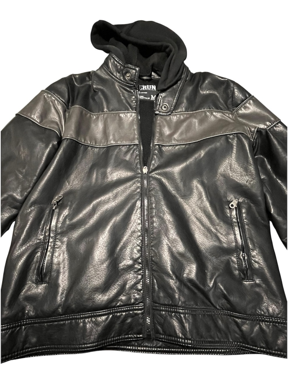 Men's Black Leather Bomber Jacket with Hood